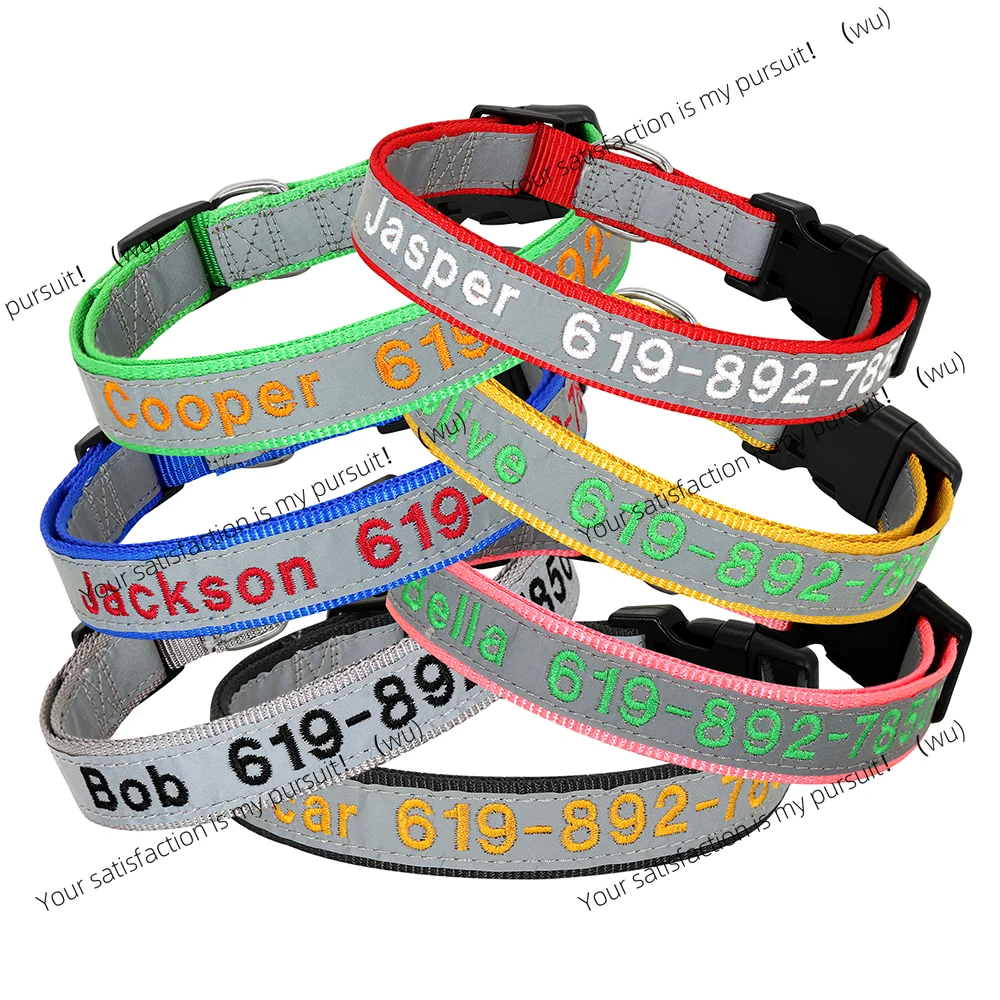 Adjustable Nylon Embroidered Dog Collar Customized ID Name Accessories Pet Collar Suitable for Small Medium and Large Dogs
