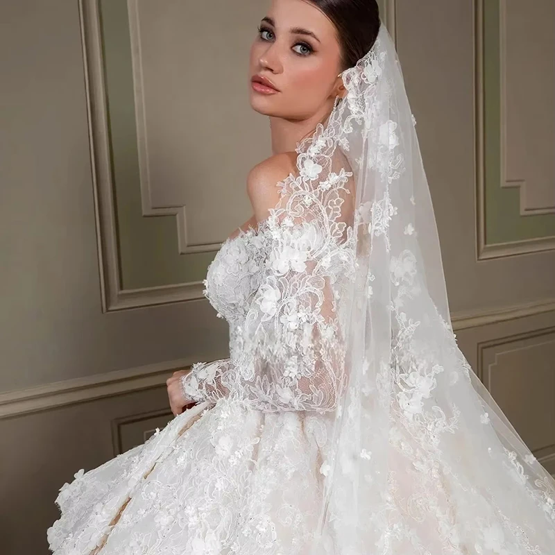 Elegant Off the Shoulder Wedding Dresses Long Lace Sleeves  White Church Weddings Bridal Dress A-line Ruffled Ball Gown
