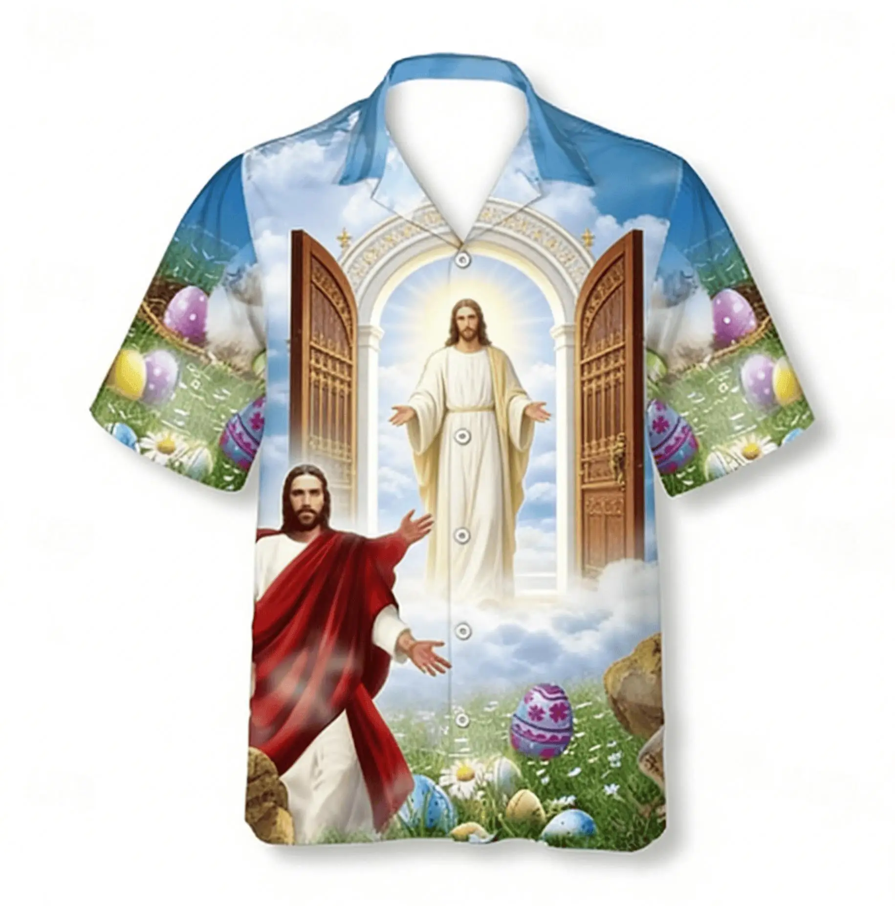 

Men's Jesus Easter Egg Print Short Sleeve Shirt, Spring Summer Religious Themed Casual Vacation Blouse, Loose Casual Top