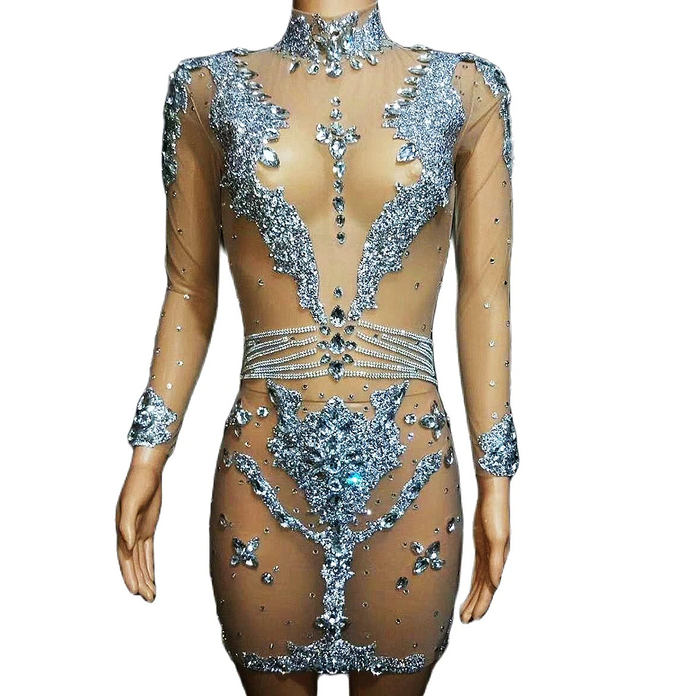 

Shining Daimonds Mesh Transparent Women Dresses Tight Stretch Short Dresses Nightclub Performance Dancing Party Outfits