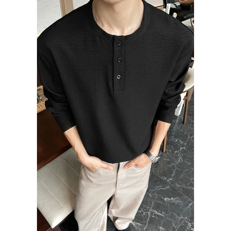 Textured Woven Henley Long Sleeve Top For Males Crew Neck Three Button Loose Silhouette Street Style Apparel