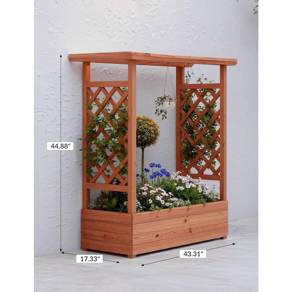 سرير حديقة مرتفع مع تعريشة، صندوق زراعة خشبي مقاس 45 بوصة مع سقف معلق وفتحات تصريف لنباتات التسلق #2
