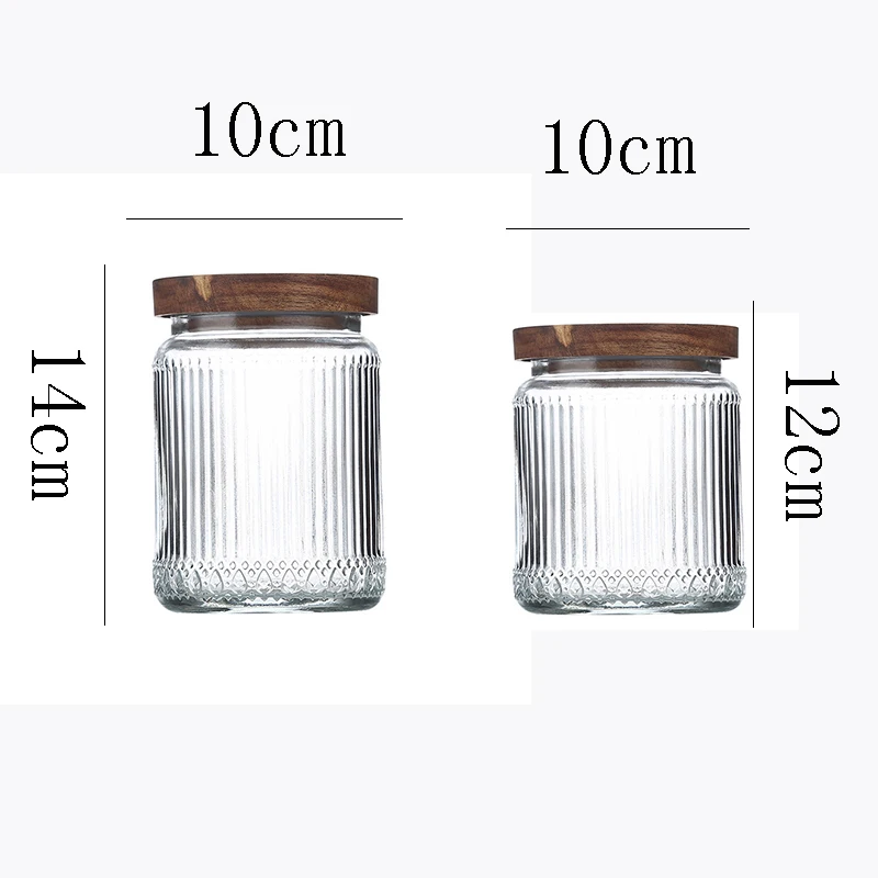 Glass Storage Jar with Wooden Lid Candy Dried Fruit Coffee Bean Medicinal Herb Storage Jar Sealed Household Striped Glass Bottle