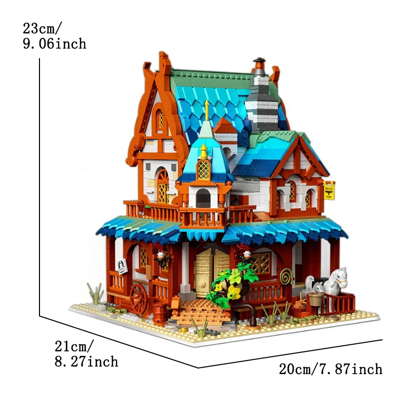 Middeleeuwse bouwstenen voor poststations met lamp Gemonteerde blokhut architectuurstenen set Klassiek houten huismodel 14+ speelgoed