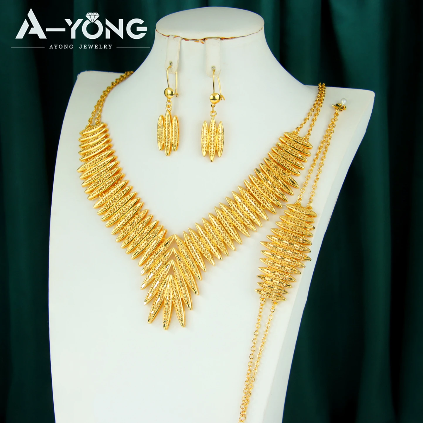 Luxus Dubai Hochzeit Schmuck Set 24k Gold Überzogene Arabisch Braut Gold Halskette Armband Ohrringe Habesha Frauen Party Schmuck – Detail 10