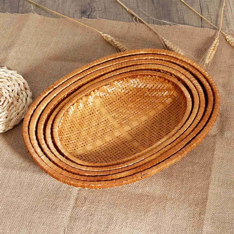 Oval Rattan Woven Storage Basket Bread Fruit Food Storage Tray Handmade Vegetable Display Rattan Basket Kitchen Storage