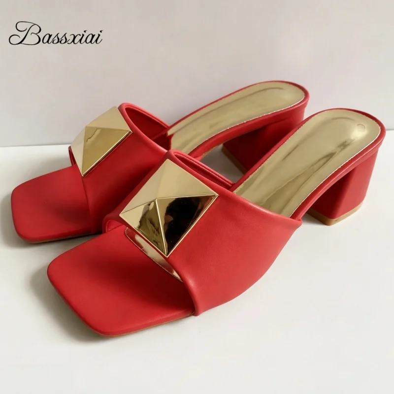 Concise Style Slingbacks Outwear Mules Summer Med Heel Big Rivet Decor Slim Sandals Women