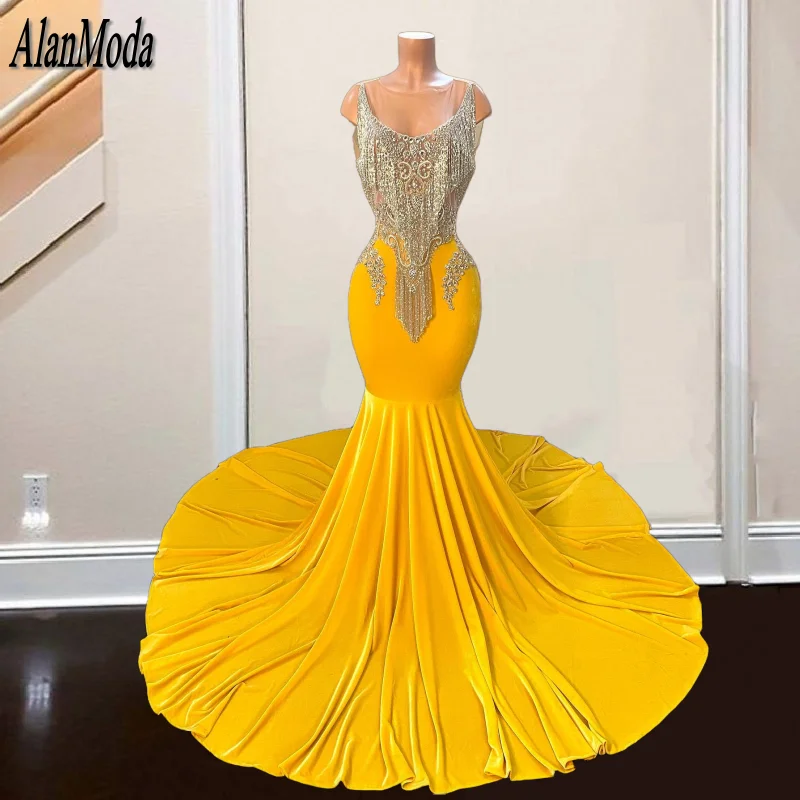 Vestidos de baile em cristal para meninas, vestidos de veludo, gola redonda, ocasião formal, vestido de festa, amarelo, luxo, 2022