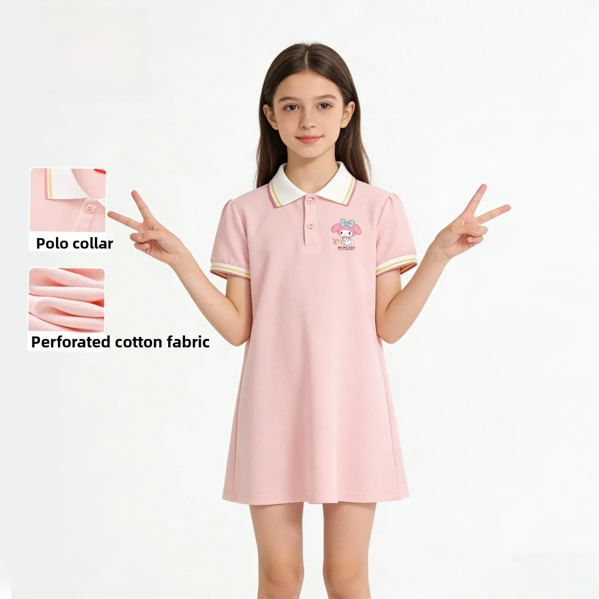プリンセススタイルガールズドレス夏薄いポロスカート綿混紡ソフト生地半袖ミディ丈通気性快適な子供ドレス