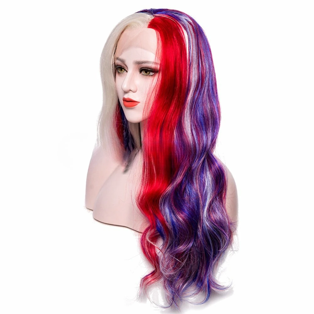 تسليط الضوء على اللون الأرجواني الأحمر مختلط الاصطناعية الدانتيل الجبهة غلويليس سحب الملكة الباروكة #5