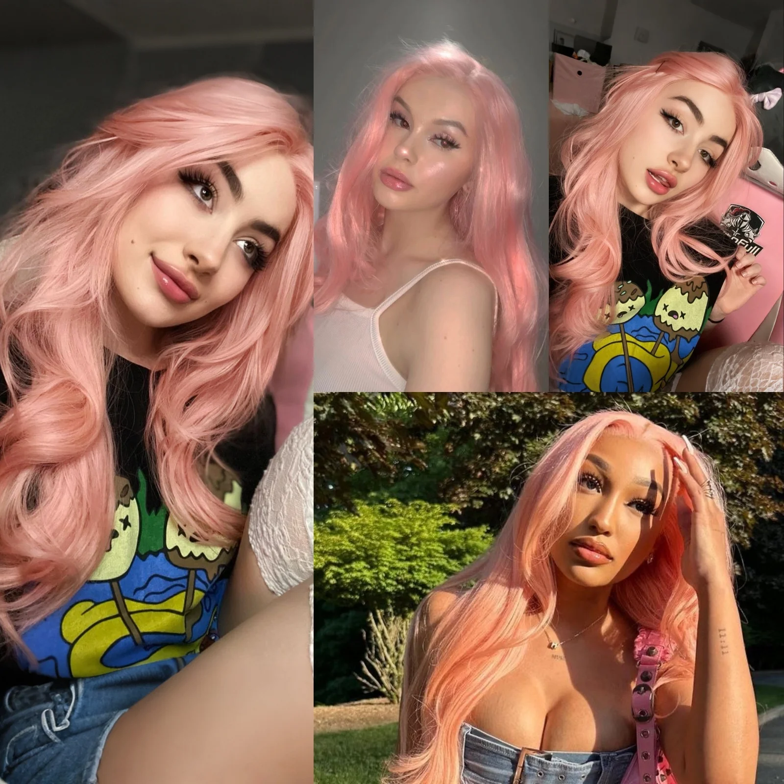 ยาววิกผมหยักสีชมพูสําหรับผู้หญิงสังเคราะห์กลาง Layered Natural Wave Curly สีชมพูอ่อนความร้อนทนวิกผมสําหรับงานปาร์ตี้