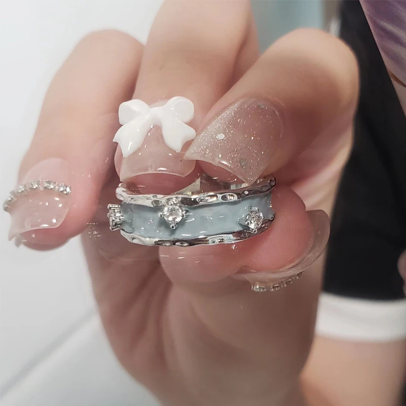 【Lustig】Modischer, exquisiter Zirkon-Ring mit blau-schwarzer Emaille, verstellbar, geometrisch, unregelmäßig, koreanischer Ring für Mädchen, Schmuckgeschenk