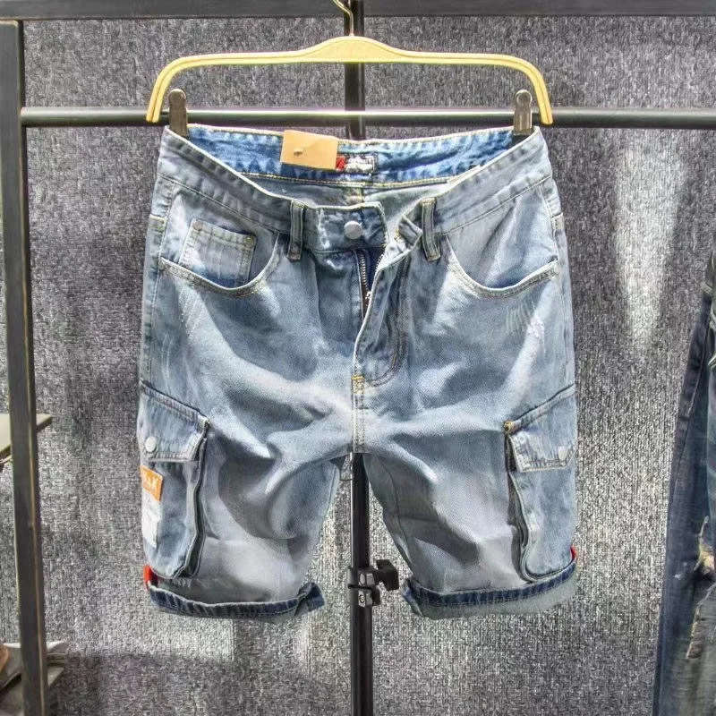 

Свободные прямые джинсовые шорты из тонкого денима для мужчин, летние модные повседневные джинсовые шорты с несколькими карманами для молодежи