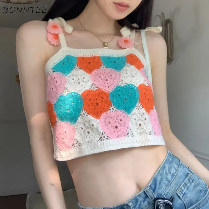 Rainbow Knitted Tanks Women Hollow Out Sweet Summer Crop Tops Loose Fashion Young Korean Style Female Chic Temperament Aesthetic