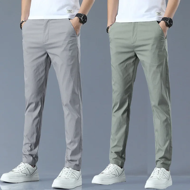 Celana Kasual Tipis Pria Musim Panas Celana Lurus Longgar Bahan Sutra Es Cepat Kering Celana Pria Fashion Dewasa Pria Berwibawa Nyaman
