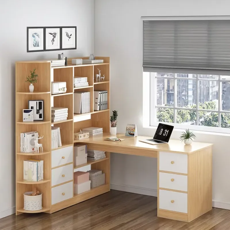 Modern Simple Corner Writing Desk 120cm Extendable Wooden Computer Desk Combination with Bookcase for Students Bedroom