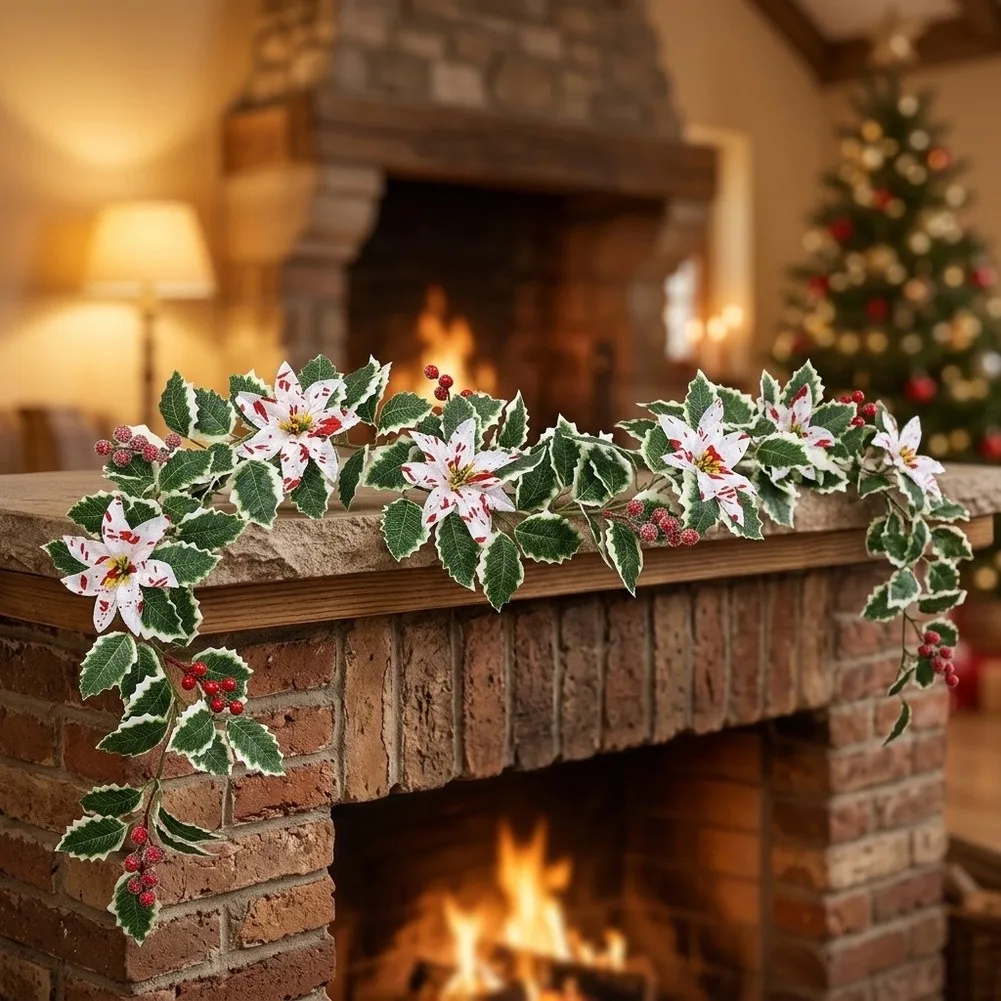 Festive Artificial Christmas Garland 175cm Red Berry Vine Wire For Stem For Mantel Stairs Party Winter Decoration Green White