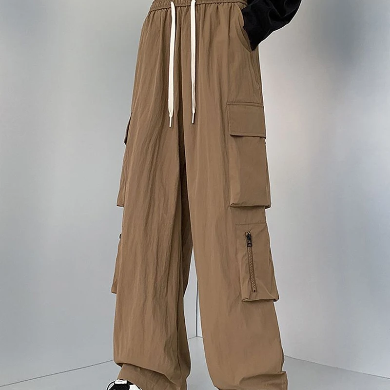 Spring Autumn Solid Color Fashion Elastic Waist Straight Pants Man High Street Casual Loose Pockets Zipper Drawstring Trousers