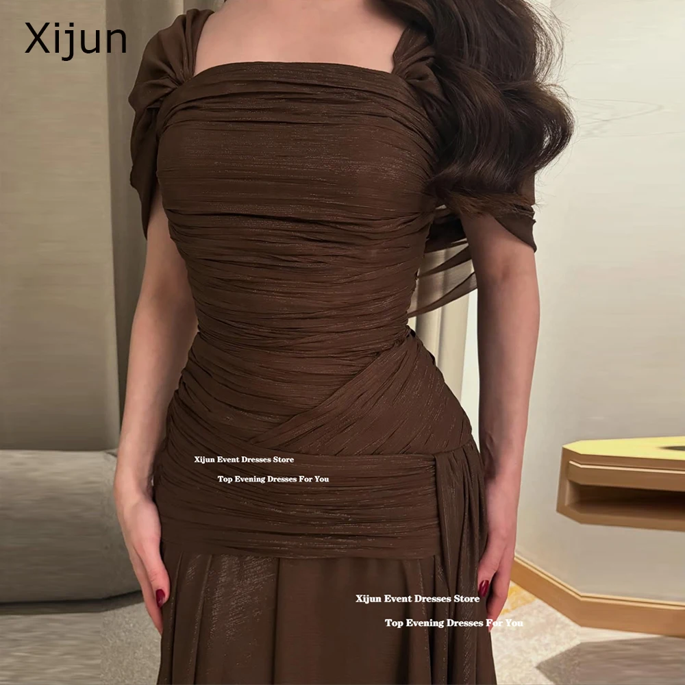 

Xijun Elegant Brown Chiffon Evening Dresses Off The Shoulder A-Line Formal Prom Dresses Pleated Saudi Arabia Prom Gown Customize