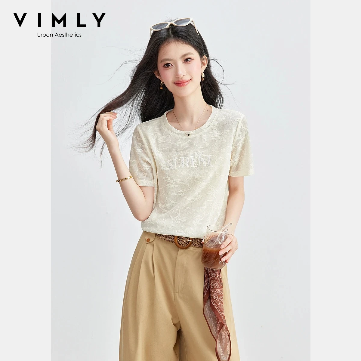 

VIMLY Fashion Letter Sequin Embroidered Short Sleeve Tee Women 2026 Summer Beige 3D Jacquard Casual Crew Neck Slim Top A6336