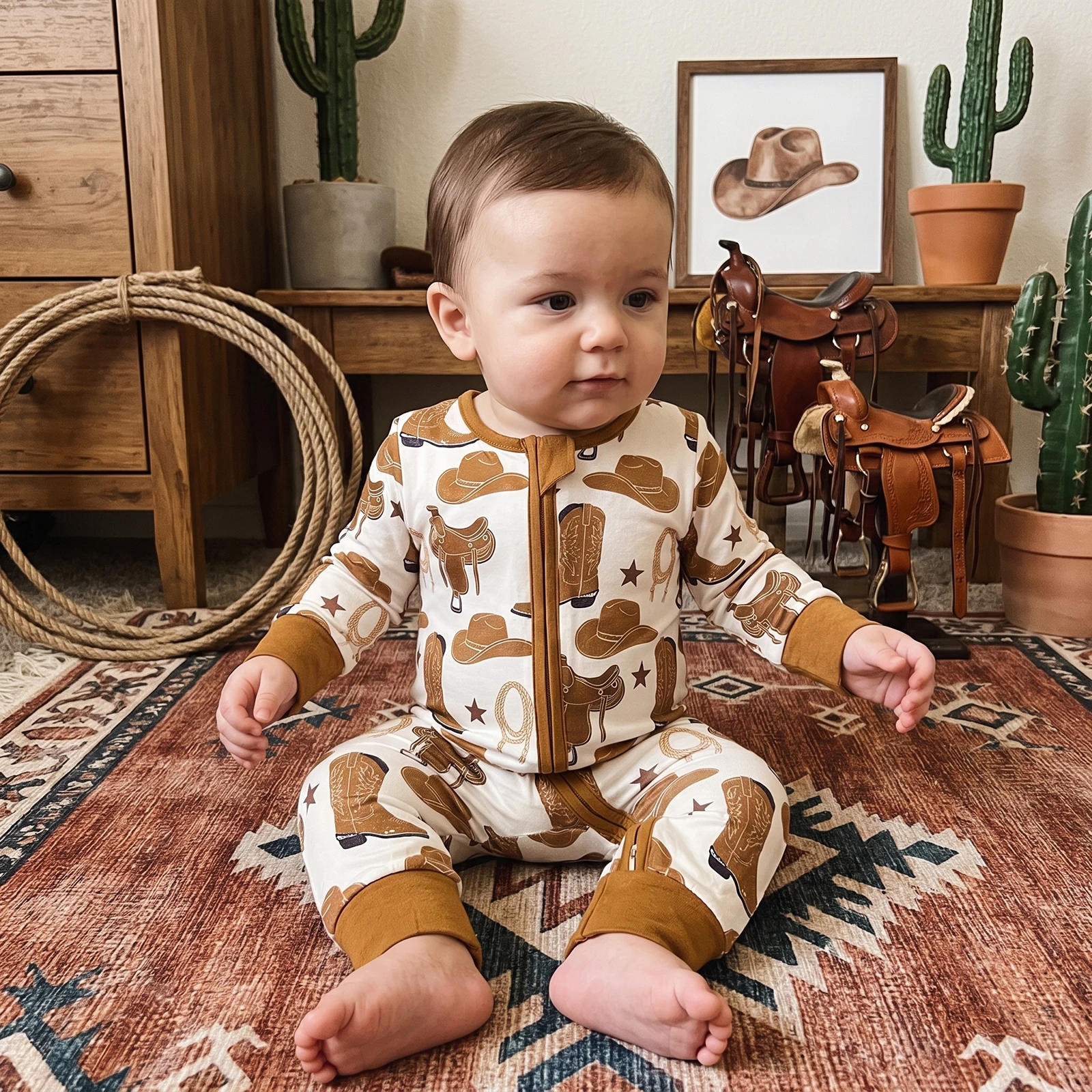 Baby Boy Western Romper Printed Long Sleeve Crew Neck Zipper Jumpsuit