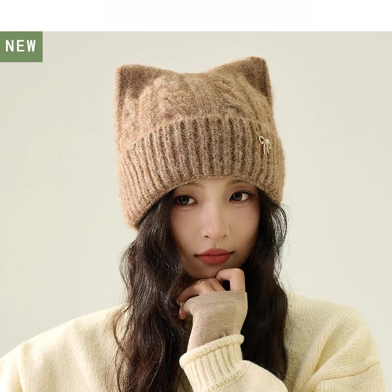 Women's Winter Knit Ear Beanie Hat Warm Thick Korean Style Bow Cute Cartoon Face Slimming Age Reducing Stylish Cap