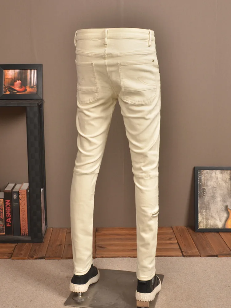 2024 New Retro Washed Stitching Jeans Men's Tight Stretch Fashion Trendy Casual Motorcycle Pu Shuai Skinny Pants