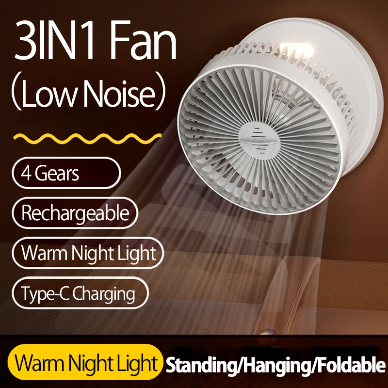 5000mAh wiederaufladbarer kleiner tragbarer Ventilator – 2026 Neues Modell, 90 ° Faltbarer Tisch- und Wandventilator, 4 Geschwindigkeiten mit warmem Nachtlicht – Detail 5