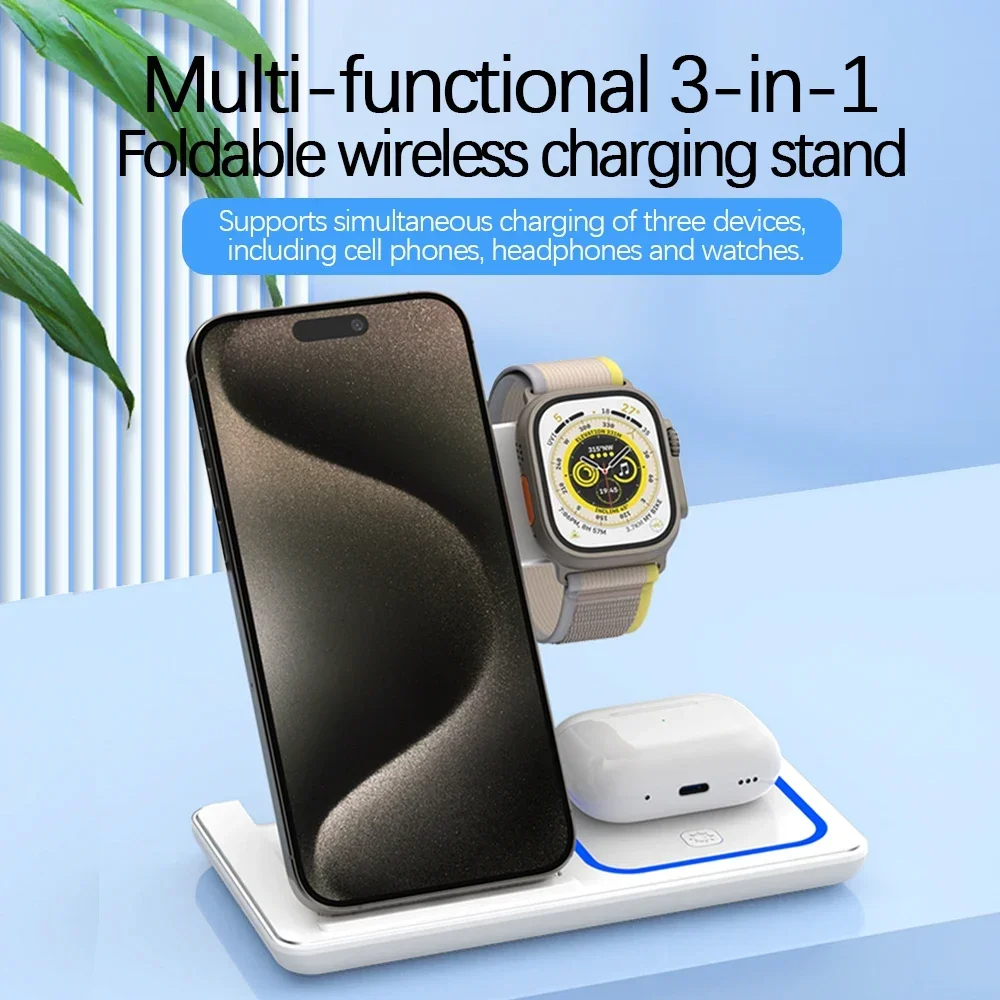 30W LED Fast Wireless Charger Stand 3 in 1 Foldable Charging Station For iPhone 15 14 13 12 Apple Watch 9 8 7 6 5 Airpods Pro