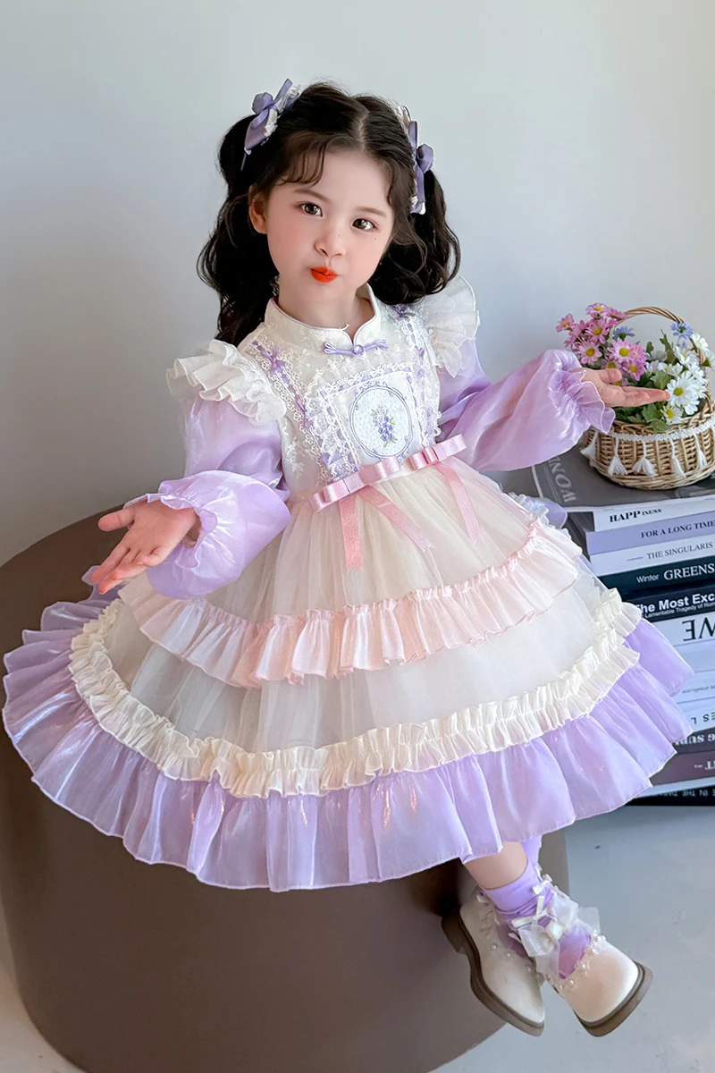 New 2026 Spring Autumn 2-10 Years Kids Clothes Fashion Baby Outfit Lace Embroidery Princess Long Sleeve Lolita Dress For Girls