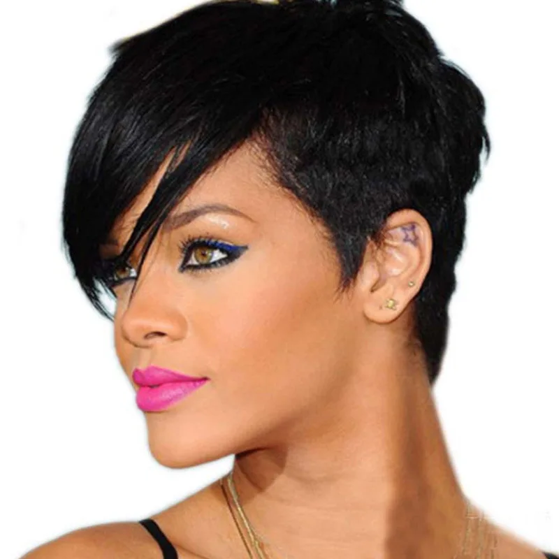 Parrucca per capelli corti lisci in fibra sintetica nera per spettacoli teatrali da donna realizzata in seta resistente alle alte temperature