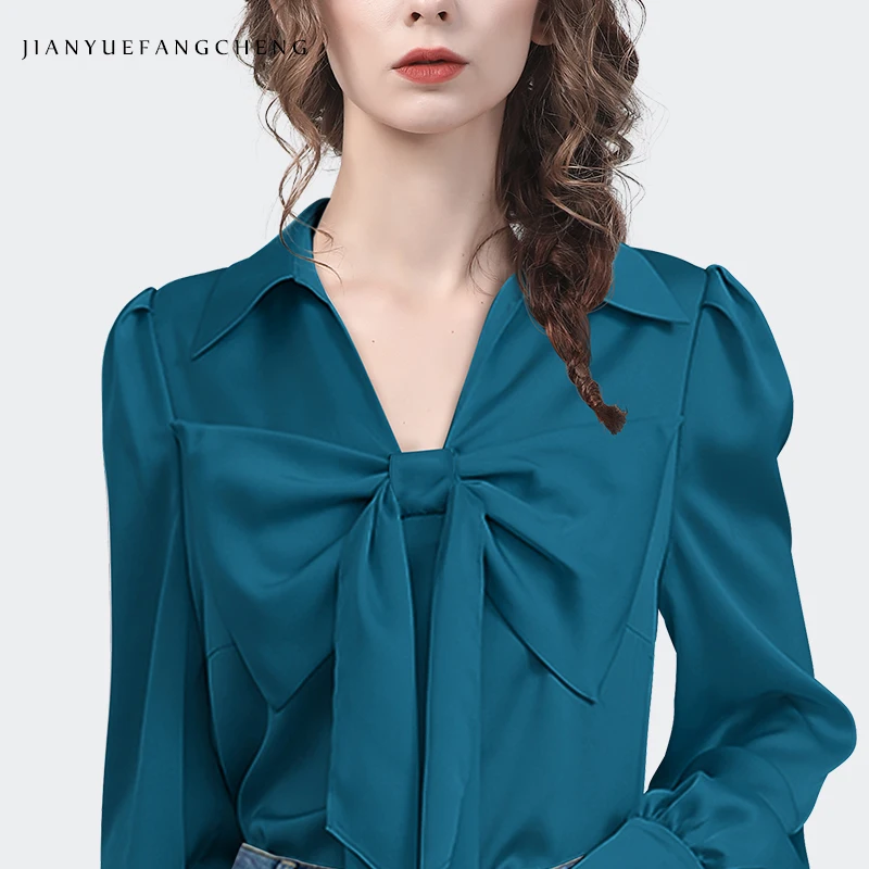 2024 Spring Summer Chic Women Bow-Knot Shirt Long Sleeve V-Neck Satin Top Elegant Fashion Slim Fit Ladies Casual Office Blouses