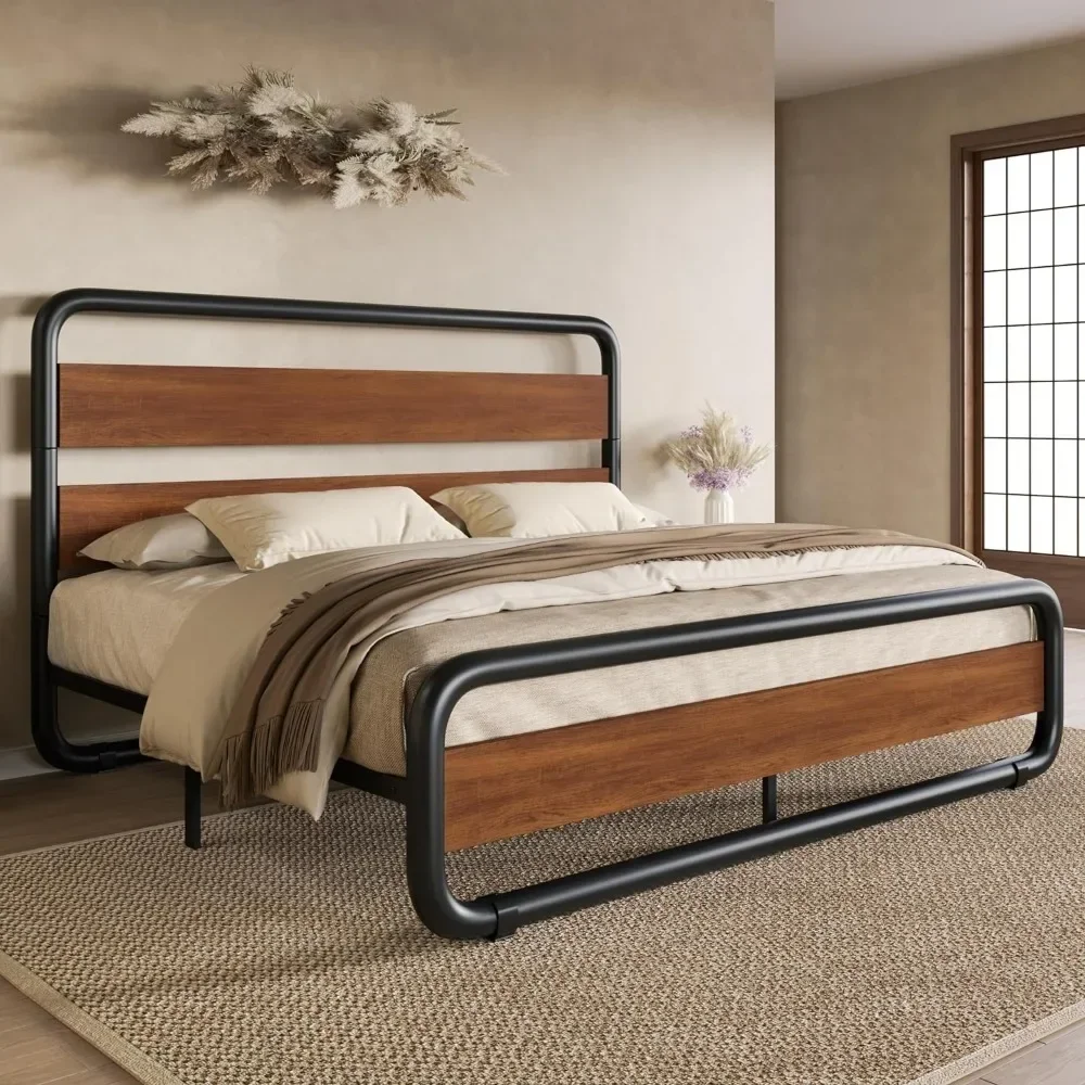 Metal Bed Frame with Wooden Headboard and Footboard, Heavy Duty Oval-Shaped Platform Bed with Under-Bed Storage