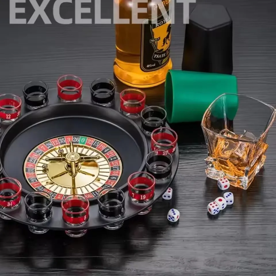 

Bar Wine Table Cheer Turntable with 16pcs Small Glasses,16 Holes Russian Roulette Wine Glass, KTV Party Roulette Game Toys