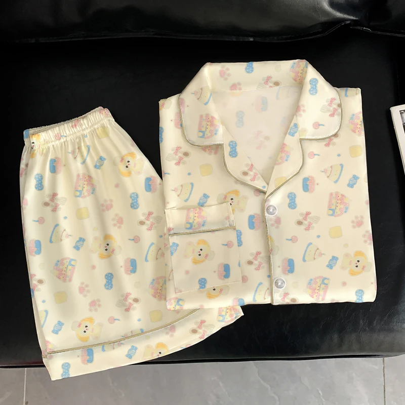 بيجامة نسائية طقم بيجامة كاجوال مطبوع لطيف وأكمام قصيرة وأزرار وطية صدر السترة بلوزات وسراويل مريحة ملابس نوم صيفية مريحة