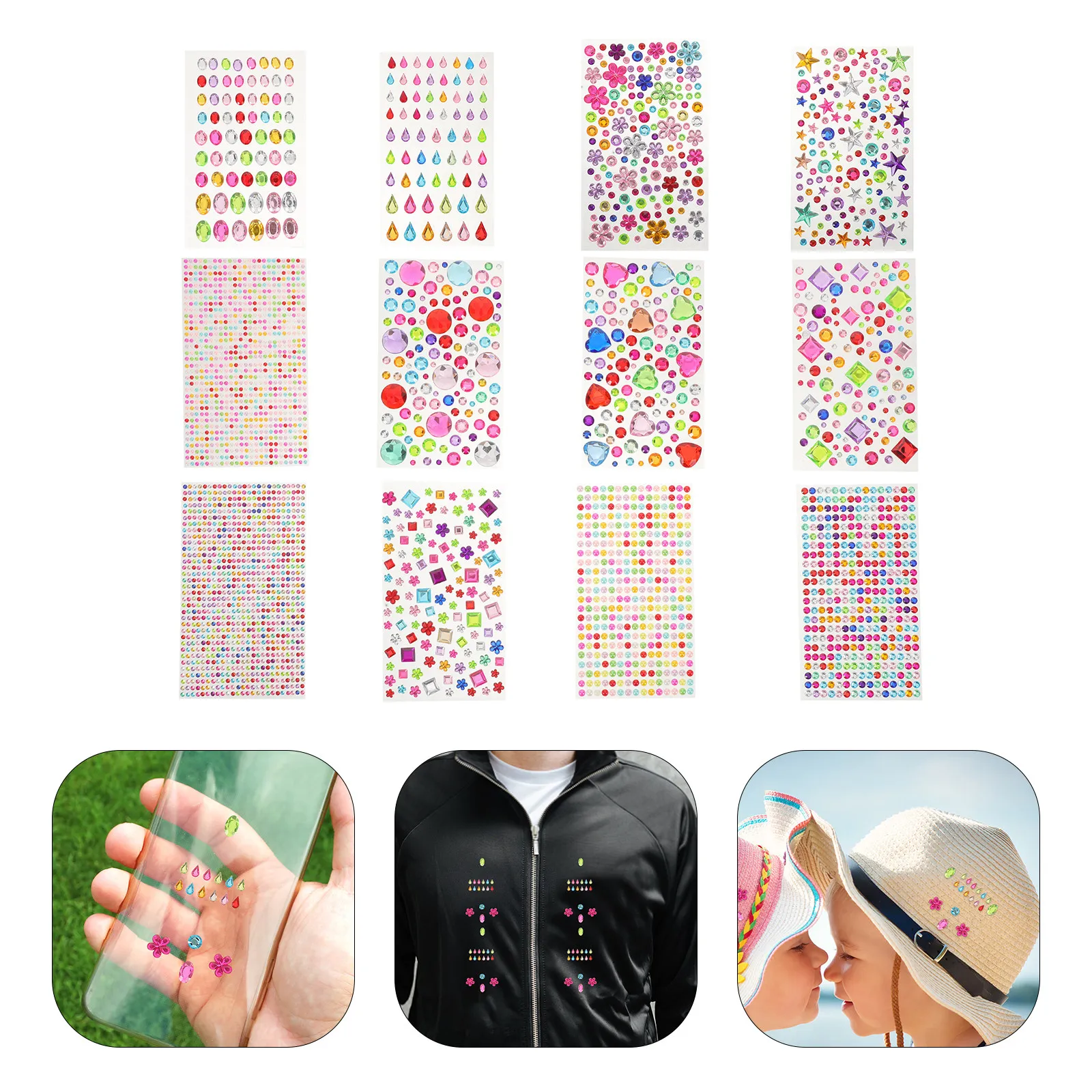 

12 Sheets Decorative Gems Stickers Crystal Rhinestone DIY Party Face Makeup Festival Craft Embellishment Star Heart