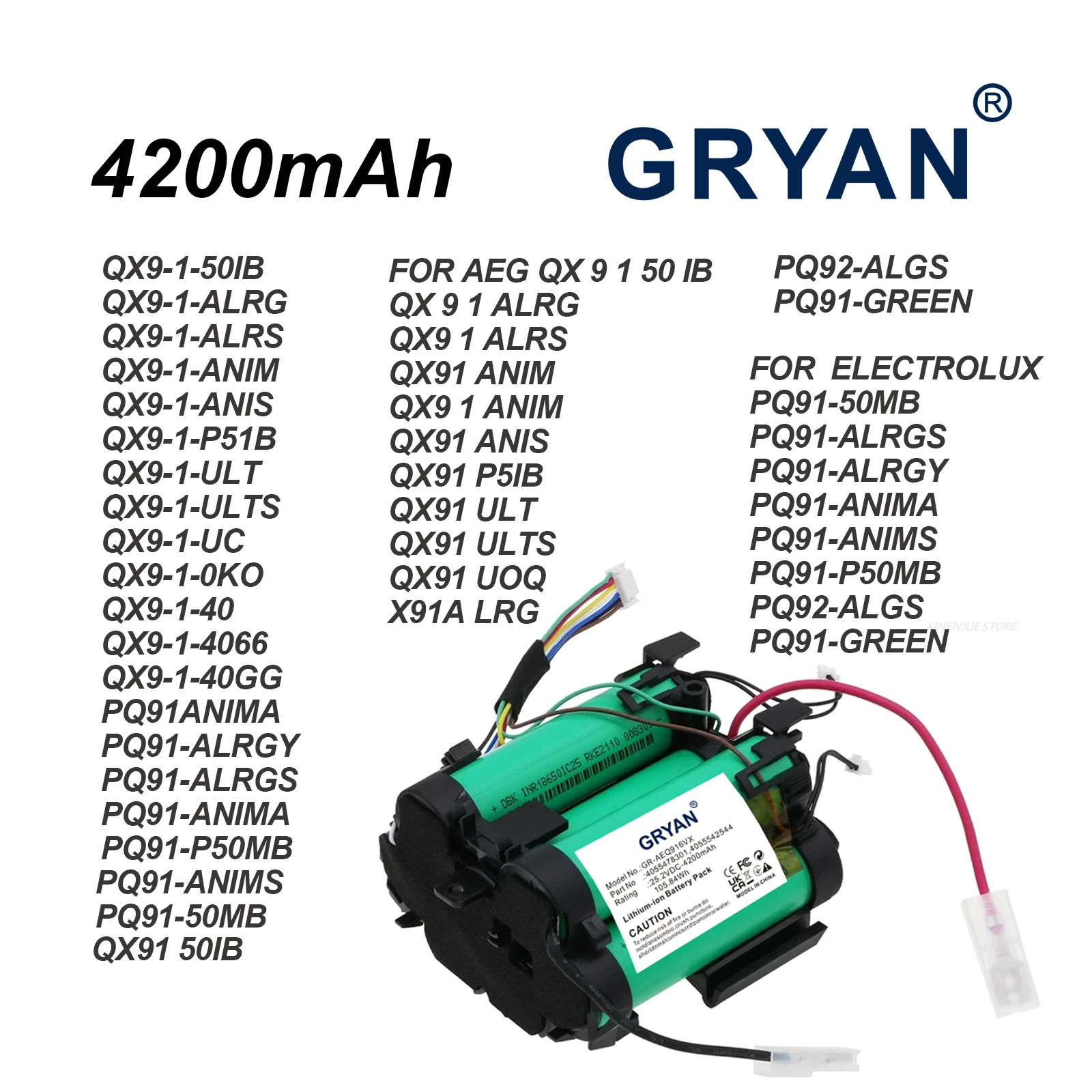 

Vacuum Cleaner 4200mAh Battery for AEG QX 9 1 50 IB,QX 9 1 ALRG,QX 9 1 ALRS,QX91 ANIM,QX 9 1 ANIM,QX 9 1 ANIS,QX 9 1 P5IB
