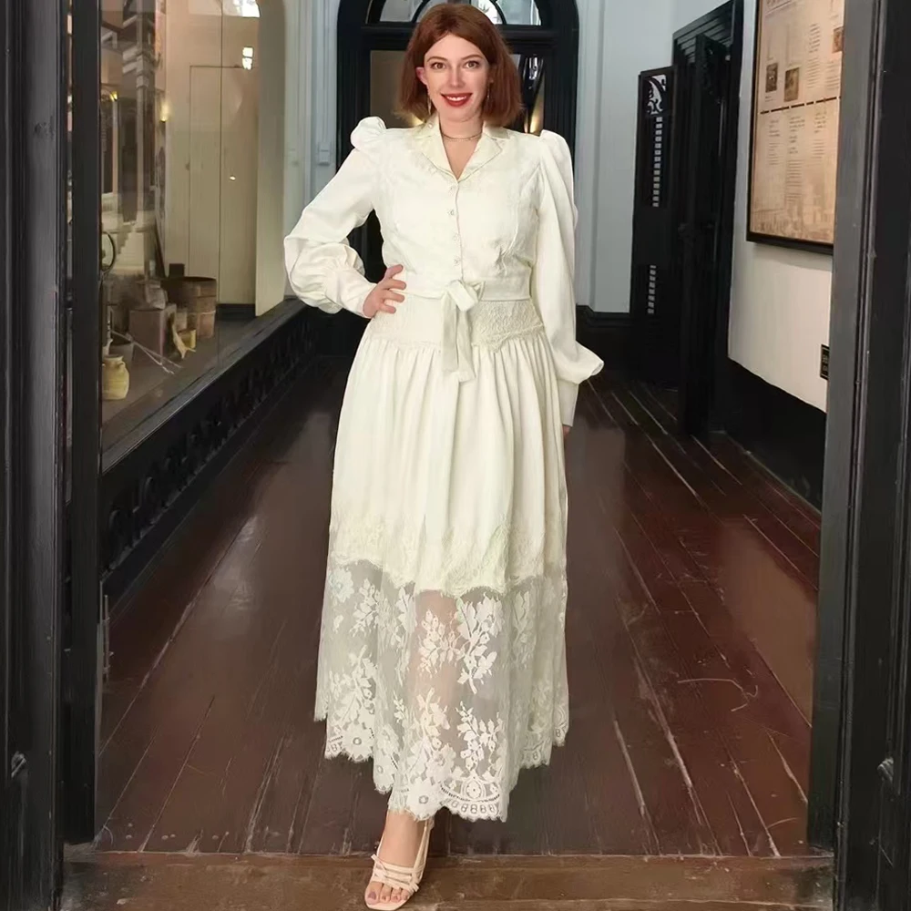 

Ele Water Soluble Lace Long Sve High Waist Midi Skirt Suit Two Piece Set Busin Casual Women's Faion Autumn 2024