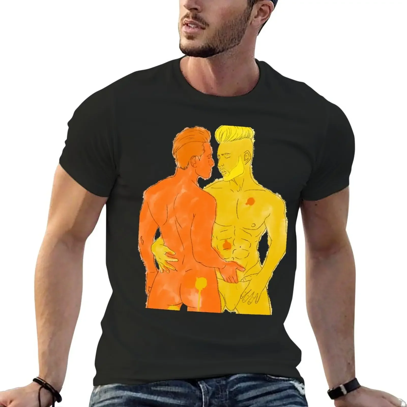 Anime Short sleeve plain white t shirts men GAY PRIDE ORANGE & YELLOW,2024 T-Shirt men clothing graphic oversized FUNNY new