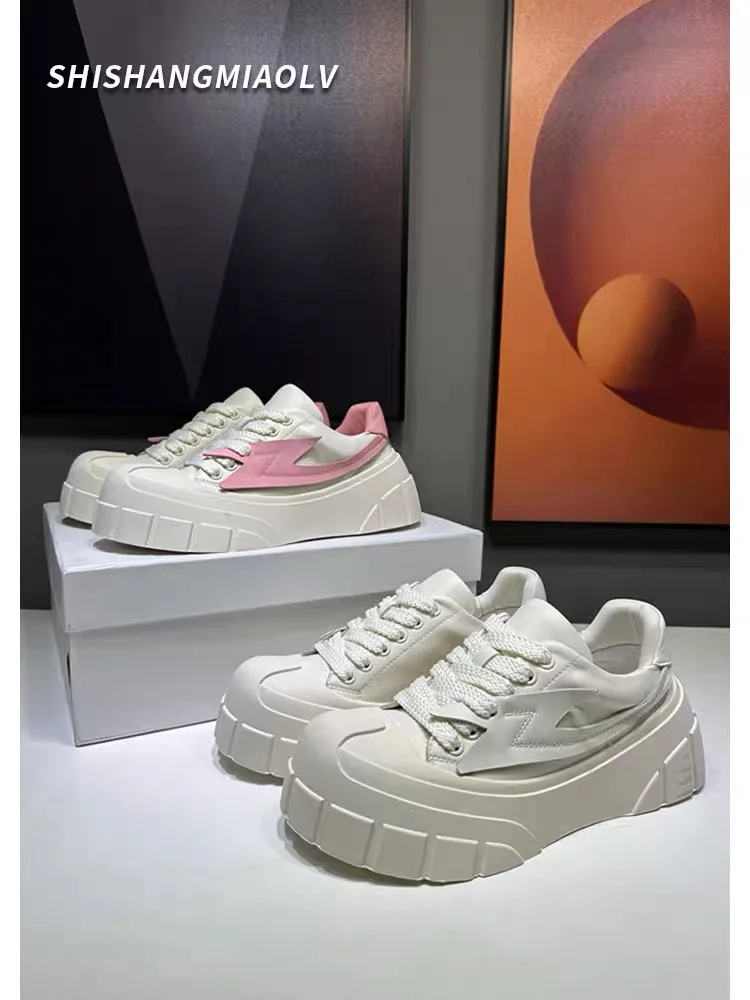 Women White Chunky Shoes High Heels Spring Casual Thick Soled Luxury Designer Brand Sneakers Real Leather Height Increasing 2024