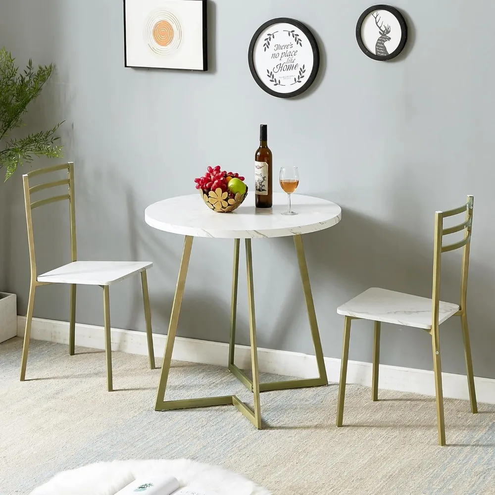 VECELO Small Round Dining Table Set for 2, Wood Marbled Tabletop with Steel Frame, Modern Dinette with Chairs for Kitchen