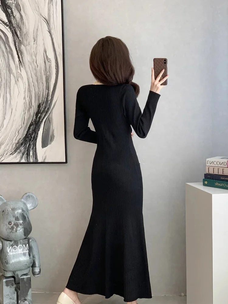 

Holiday Clothes French Elegant Lace Detachable Collar Black Slim Long Knitted Dress 2024 Long Dresses Women's Dress Traf Stich