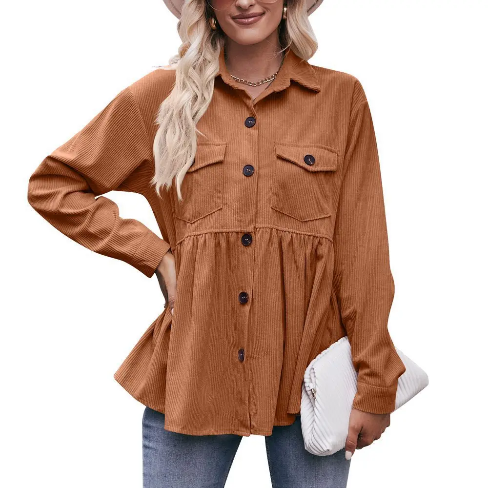 Autumn Winter Women's Corduroy Shirt 2024 New 2 Pocket Lapel Single-breasted Thicken Blouses Female Warm Long Sleeve T-shirt