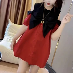 Summer New Fashion Korean Women's Splicing Contrast Color Round Neck Bow Button Folds Off Shoulder Short Sleeve Loose Shirt Tops