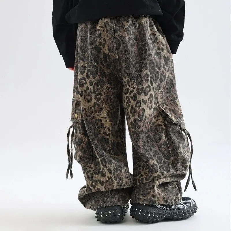 Boys Tie-dyed Leopard Cargo Pants 2026 Spring Autumn Jeans Korean Style Big Boys Straight Leg Pants Casual Kids Handsome Pants