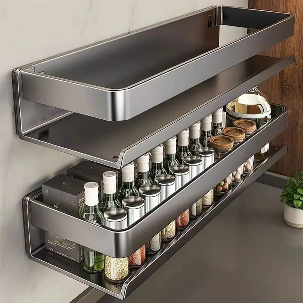

Wall Mounted Kitchen Storage Rack Rust Resistant Moisture Resistant Wall Rack Adhesive Hanging No Drilling Bathroom Shelf