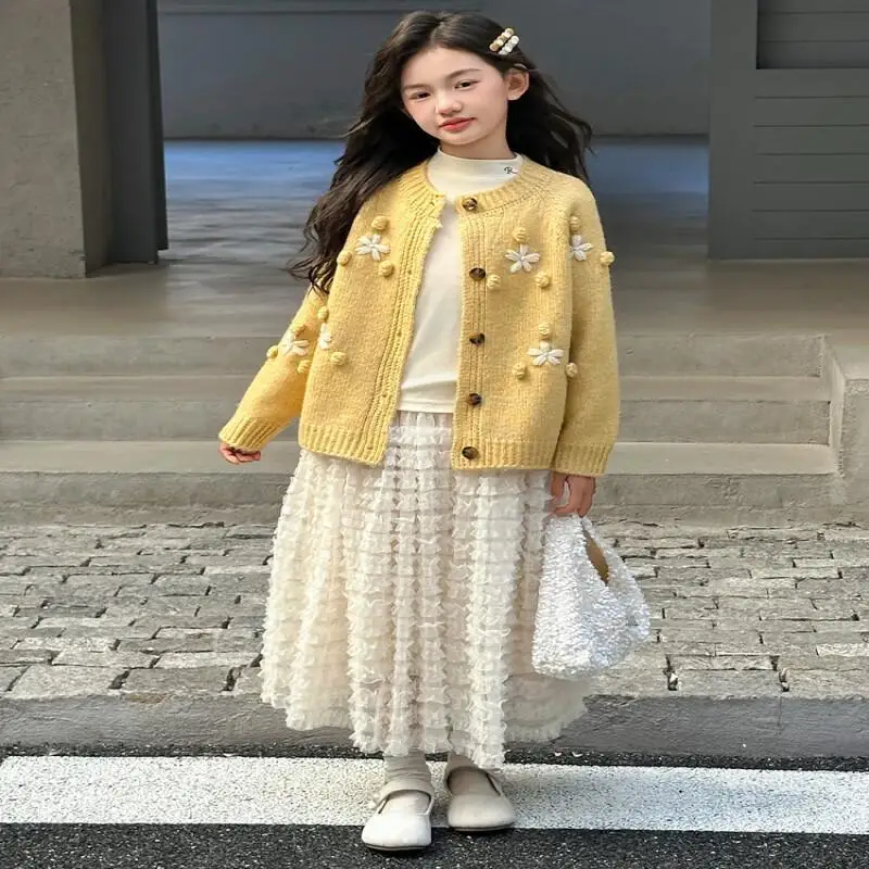 

Girls' Knitted Sweater Cardigan Autumn Winter Long Sleeved Tops Round Neck Pullover Comfortable Children Clothing 4-12 Years