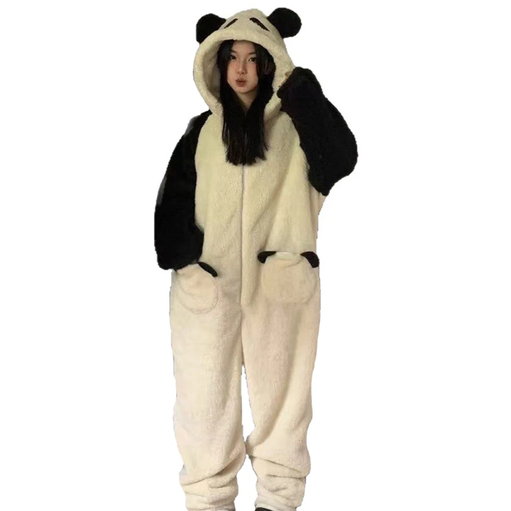 Adult Onesie Pajamas Unisex Animal One-Piece Cartoon Costume Black and White Panda Thick Flannel Warm Cosplay Homewear Sleepwear