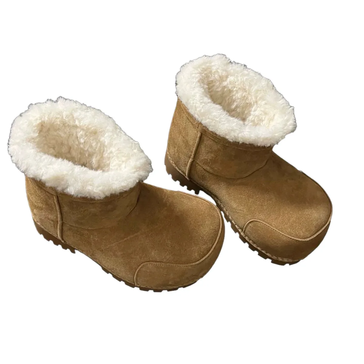 أحذية الثلوج النسائية الجديدة لخريف وشتاء 2025 سهلة الارتداء على منصة سميكة سوليد بمقدمة كبيرة أحذية دافئة من القص الصناعي