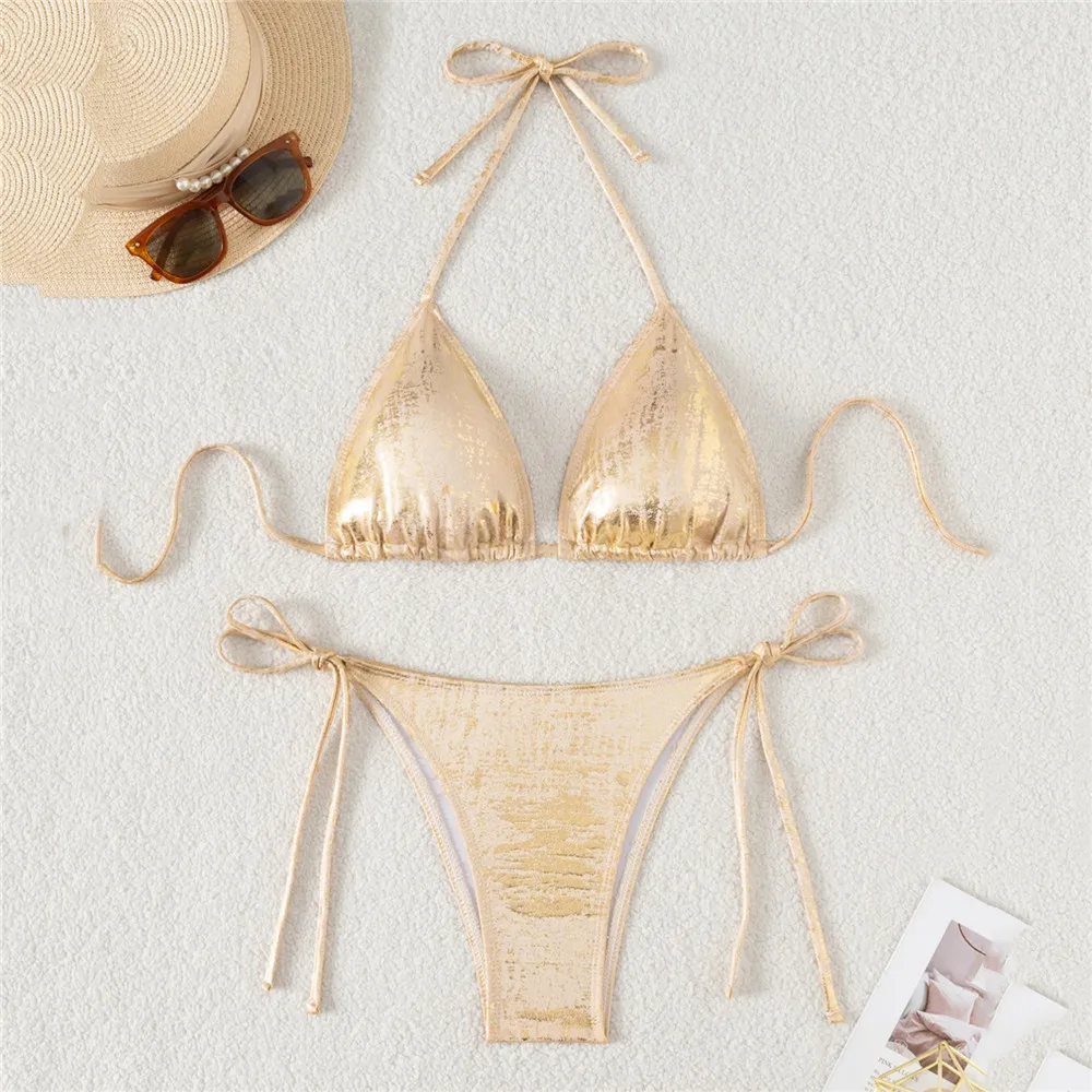 Green Shiny Swimwear Halter String Triangle Micro Bikini Thong Sexy Swimsuit Women 2025 Bathing Swimming Suit Mini Bikinis Sets